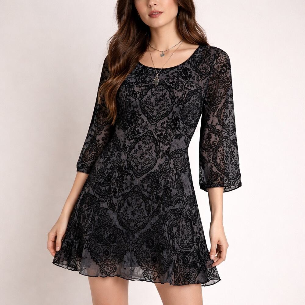 Johnny Was 4 Love & Liberty Velvet Burnout Silk Whimsigoth Boho Sheer Dress M
